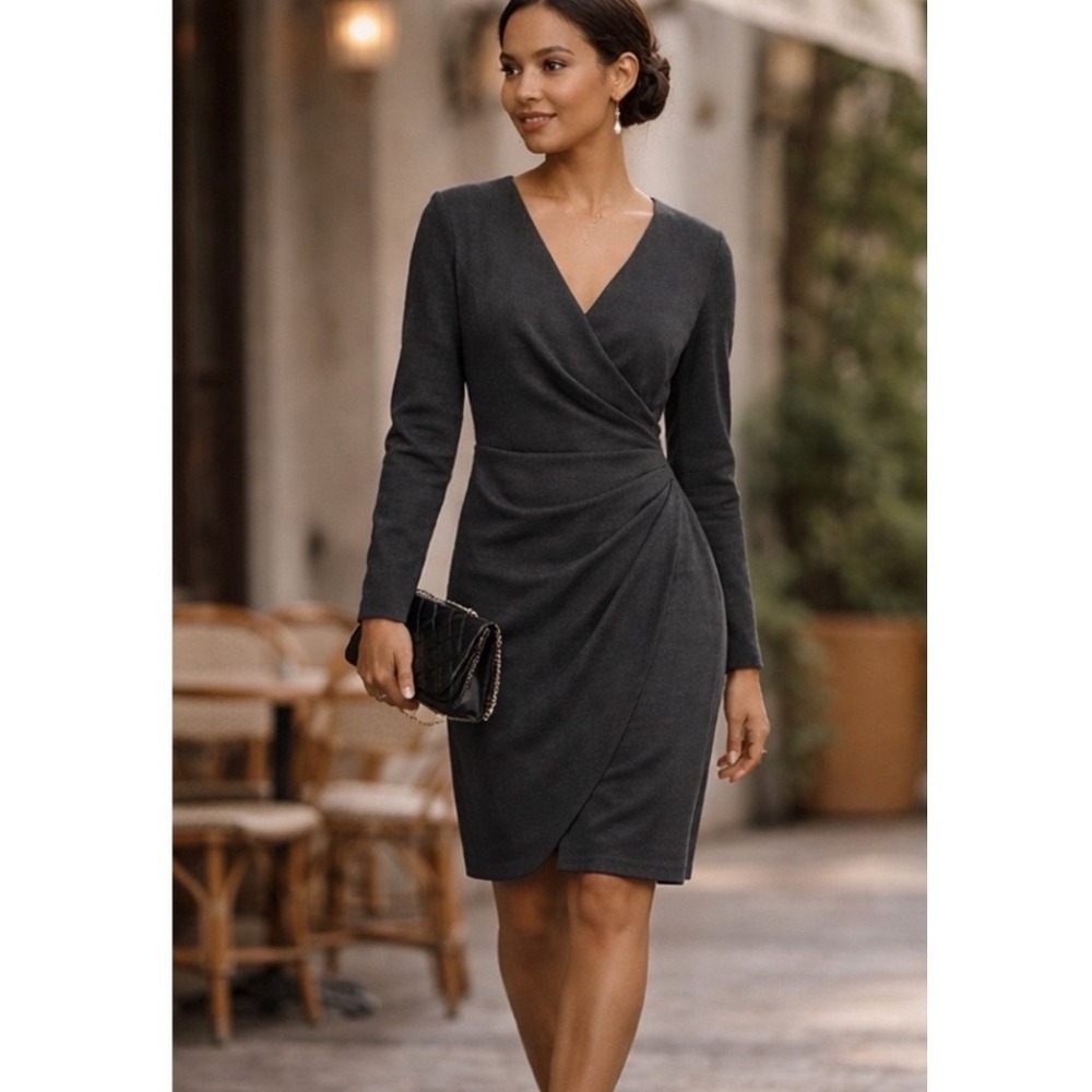 Barneys New York Gray Wool Blend Faux Wrap Sheath Dress Size 2